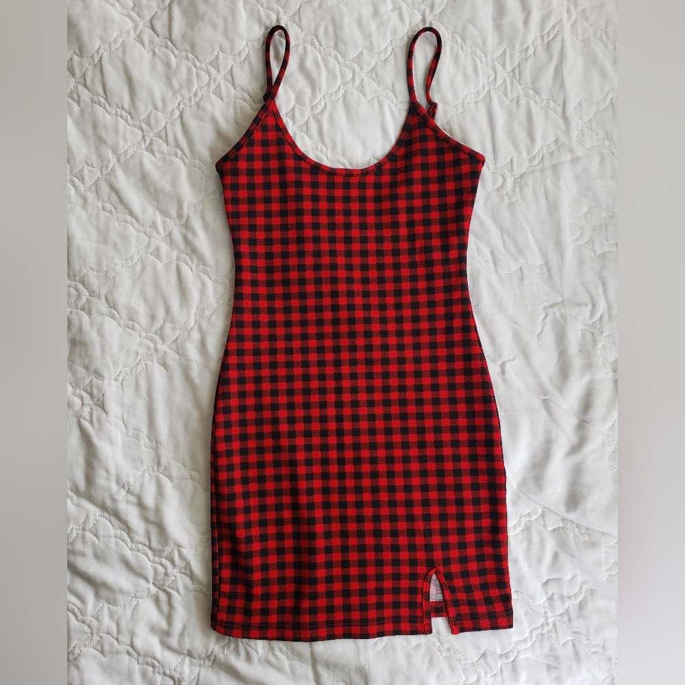 Red Mini Dress, Buffalo Plaid Checkard Club Dress, Bodycon, Cami, Stretchy, Punk